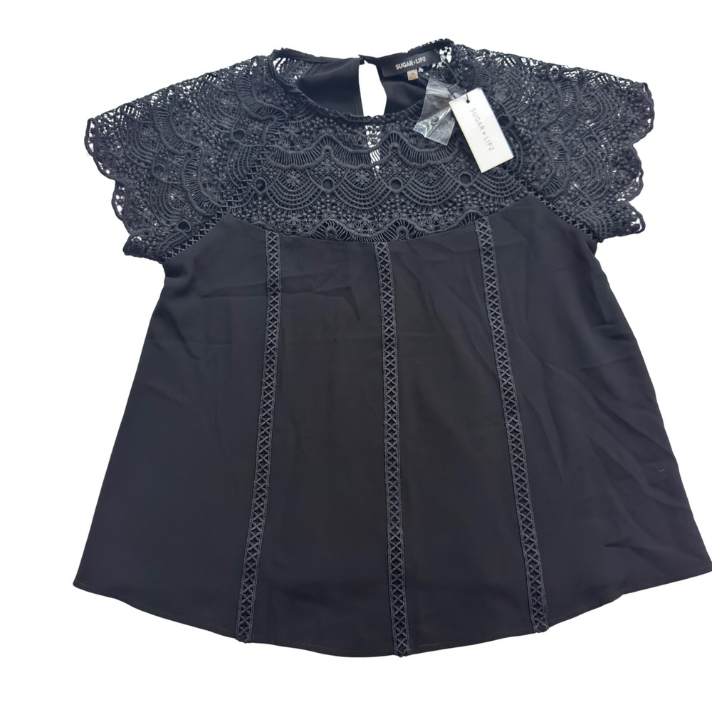 Sugar Lips Black Lace Yoke Crochet Trim Blouse Short Sleeve XS NWT